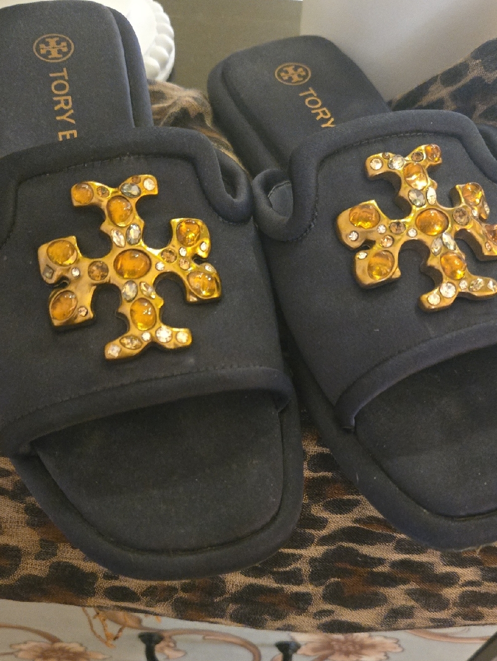 Tory Burch Navy Slide Sandals with Gold Jewel Logo